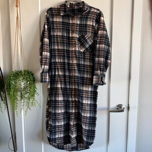 Navy & Copper Plaid Flannel Button-Up Shirt Dress